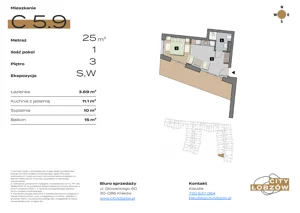 1 pokój, mieszkanie 25,00 m², piętro 3, oferta nr C 5.9, City Łobzów, Kraków, Bronowice, Łobzów, ul. Głowackiego 60