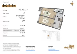 2 pokoje, mieszkanie 49,13 m², przyziemie, oferta nr B 1.5, City Łobzów, Kraków, Bronowice, Łobzów, ul. Głowackiego 60