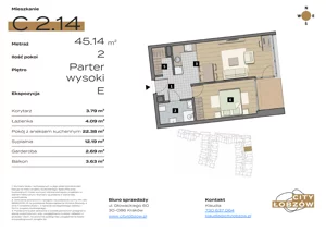 2 pokoje, mieszkanie 45,14 m², parter, oferta nr C 2.14, City Łobzów, Kraków, Bronowice, Łobzów, ul. Głowackiego 60