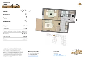2 pokoje, mieszkanie 40,71 m², piętro 2, oferta nr B 4.2, City Łobzów, Kraków, Bronowice, Łobzów, ul. Głowackiego 60