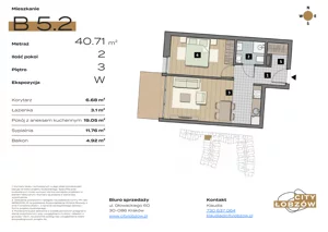 2 pokoje, mieszkanie 40,71 m², piętro 3, oferta nr B 5.2, City Łobzów, Kraków, Bronowice, Łobzów, ul. Głowackiego 60