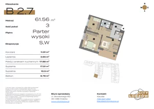 3 pokoje, mieszkanie 62,34 m², parter, oferta nr B 2.7, City Łobzów, Kraków, Bronowice, Łobzów, ul. Głowackiego 60