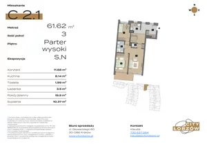 3 pokoje, mieszkanie 62,24 m², parter, oferta nr C 2.1, City Łobzów, Kraków, Bronowice, Łobzów, ul. Głowackiego 60