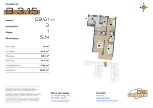 3 pokoje, mieszkanie 59,99 m², piętro 1, oferta nr B 3.15, City Łobzów, Kraków, Bronowice, Łobzów, ul. Głowackiego 60