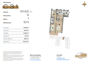 3 pokoje, mieszkanie 62,03 m², piętro 1, oferta nr C 3.1, City Łobzów, Kraków, Bronowice, Łobzów, ul. Głowackiego 60