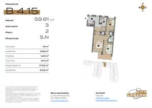 3 pokoje, mieszkanie 59,97 m², piętro 2, oferta nr B 4.15, City Łobzów, Kraków, Bronowice, Łobzów, ul. Głowackiego 60