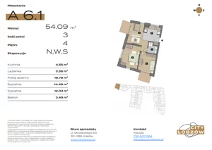 3 pokoje, mieszkanie 54,43 m², piętro 4, oferta nr A 6.1, City Łobzów, Kraków, Bronowice, Łobzów, ul. Głowackiego 60