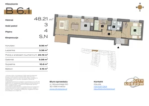 3 pokoje, mieszkanie 48,65 m², piętro 4, oferta nr B 6.1, City Łobzów, Kraków, Bronowice, Łobzów, ul. Głowackiego 60
