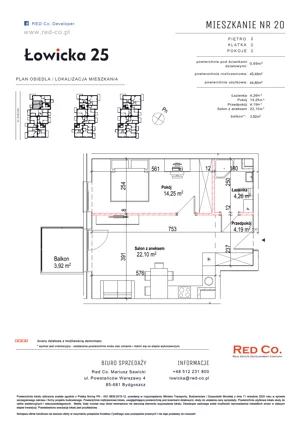 2 pokoje, mieszkanie 44,13 m², piętro 2, oferta nr 20, Łowicka 25, Bydgoszcz, Brdyujście, ul. Łowicka 25