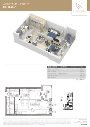2 pokoje, mieszkanie 42,97 m², piętro 3, oferta nr M51, Sobola Biel - Budynek A8, Suwałki, ul. Aleksandry Piłsudskiej
