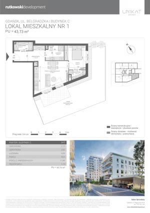 2 pokoje, mieszkanie 43,73 m², parter, oferta nr M1, Unikat Apartamenty C, Gdańsk, Piecki-Migowo, Morena, ul. Belgradzka 114