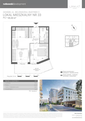 2 pokoje, mieszkanie 40,00 m², piętro 4, oferta nr M33, Unikat Apartamenty C, Gdańsk, Piecki-Migowo, Morena, ul. Belgradzka 114
