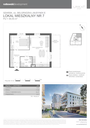 2 pokoje, mieszkanie 49,45 m², piętro 1, oferta nr M7, Unikat Apartamenty E, Gdańsk, Piecki-Migowo, Morena, ul. Belgradzka 114