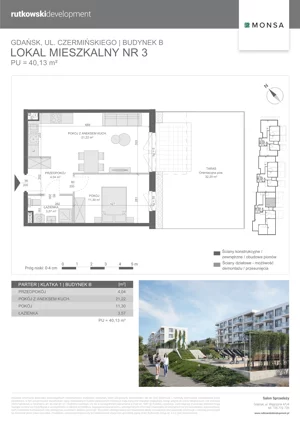 2 pokoje, mieszkanie 40,13 m², parter, oferta nr M3, Monsa etap 6, Gdańsk, Jasień, Rębowo, ul. Konrada Guderskiego