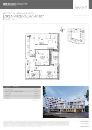 3 pokoje, apartament 60,21 m², piętro 1, oferta nr M107, Wave - Etap 1, Giżycko, ul. Armii Krajowej