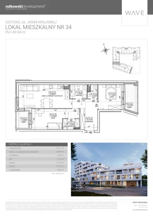 3 pokoje, mieszkanie 69,34 m², piętro 3, oferta nr M34, Wave - Etap 2, Giżycko, ul. Armii Krajowej