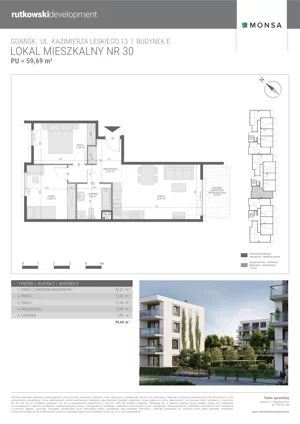 3 pokoje, mieszkanie 59,69 m², piętro 1, oferta nr M30, Monsa etap E, Gdańsk, Jasień, Rębowo, ul. Konrada Guderskiego