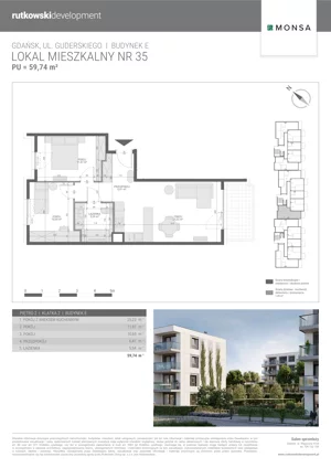 3 pokoje, mieszkanie 59,74 m², piętro 2, oferta nr M35, Monsa etap E, Gdańsk, Jasień, Rębowo, ul. Konrada Guderskiego
