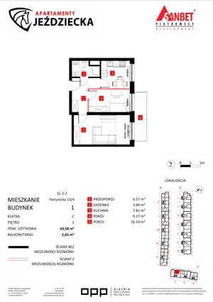 2 pokoje, mieszkanie 43,58 m², piętro 2, oferta nr 13/4, Apartamenty Jeździecka, Wrocław, Krzyki-Partynice, Krzyki, ul. Jeździecka