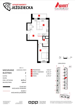 2 pokoje, mieszkanie 48,79 m², piętro 1, oferta nr 13A/3, Apartamenty Jeździecka, Wrocław, Krzyki-Partynice, Krzyki, ul. Jeździecka