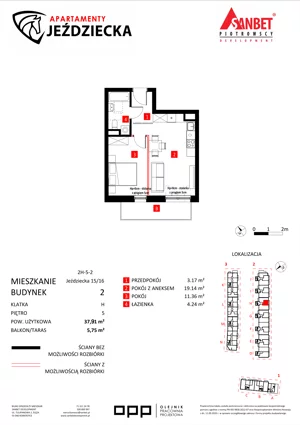 2 pokoje, mieszkanie 37,91 m², piętro 5, oferta nr 15/16, Apartamenty Jeździecka, Wrocław, Krzyki-Partynice, Krzyki, ul. Jeździecka