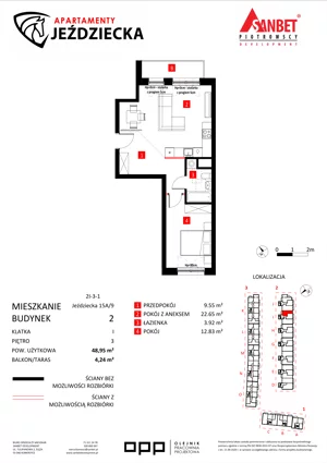 2 pokoje, mieszkanie 48,95 m², piętro 3, oferta nr 15A/9, Apartamenty Jeździecka, Wrocław, Krzyki-Partynice, Krzyki, ul. Jeździecka