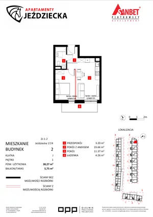 2 pokoje, mieszkanie 38,27 m², piętro 1, oferta nr 17/4, Apartamenty Jeździecka, Wrocław, Krzyki-Partynice, Krzyki, ul. Jeździecka