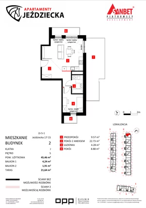 2 pokoje, mieszkanie 45,46 m², piętro 5, oferta nr 17/15, Apartamenty Jeździecka, Wrocław, Krzyki-Partynice, Krzyki, ul. Jeździecka