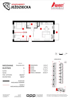 3 pokoje, mieszkanie 64,10 m², piętro 1, oferta nr 13/1, Apartamenty Jeździecka, Wrocław, Krzyki-Partynice, Krzyki, ul. Jeździecka