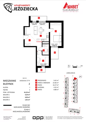 3 pokoje, mieszkanie 61,55 m², piętro 3, oferta nr 17/9, Apartamenty Jeździecka, Wrocław, Krzyki-Partynice, Krzyki, ul. Jeździecka