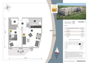 2 pokoje, apartament inwestycyjny 60,88 m², piętro 1, oferta nr 1.18, Apartamenty Klifova, Jastrzębia Góra, ul. Klifowa 22