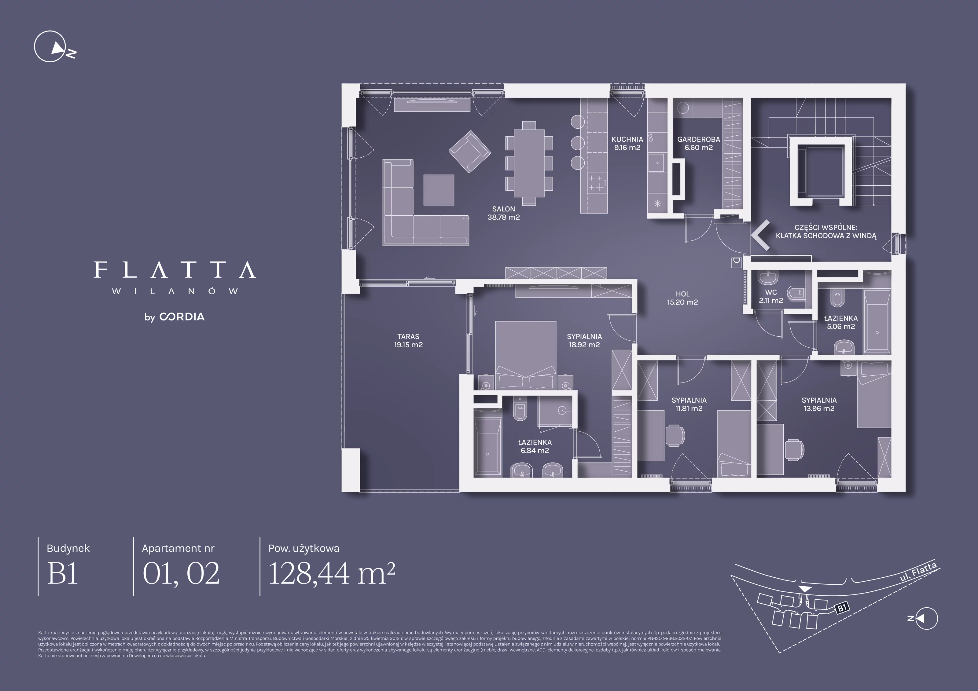 4 pokoje, apartament 128,44 m², piętro 1, oferta nr B1.02, Flatta Wilanów, Warszawa, Wilanów, Wilanów, ul. Flatta