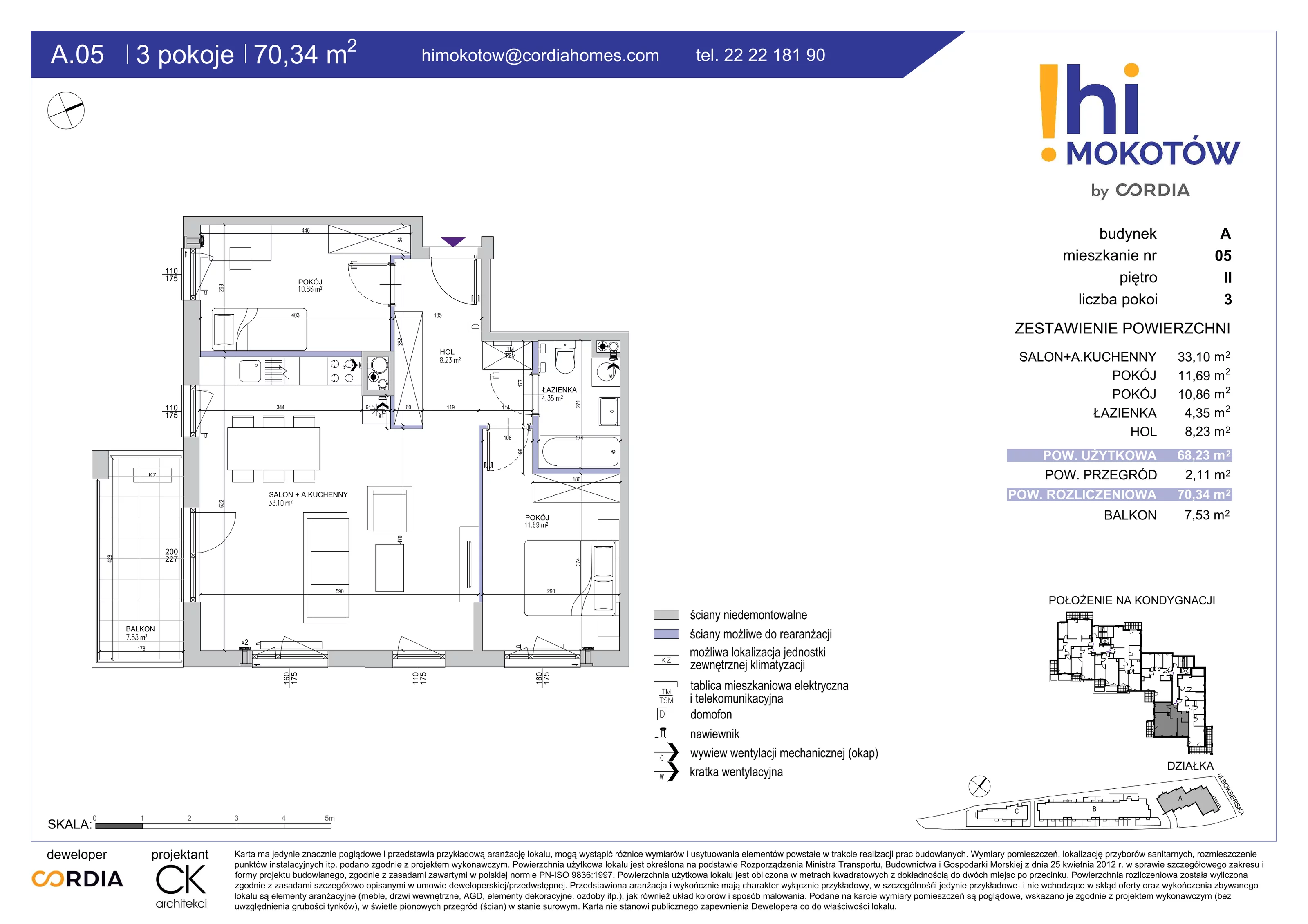 Mieszkanie 70,34 m², piętro 2, oferta nr A.05, Hi Mokotów, Warszawa, Ursynów, Wyczółki, ul. Bokserska 63