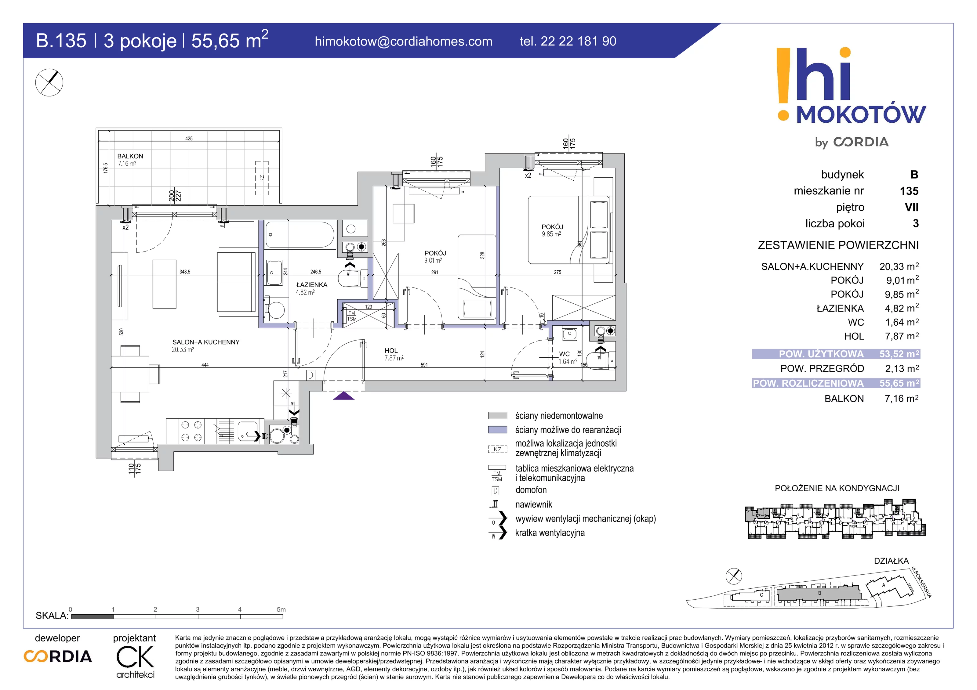 Mieszkanie 55,65 m², piętro 7, oferta nr B.135, Hi Mokotów, Warszawa, Ursynów, Wyczółki, ul. Bokserska 63