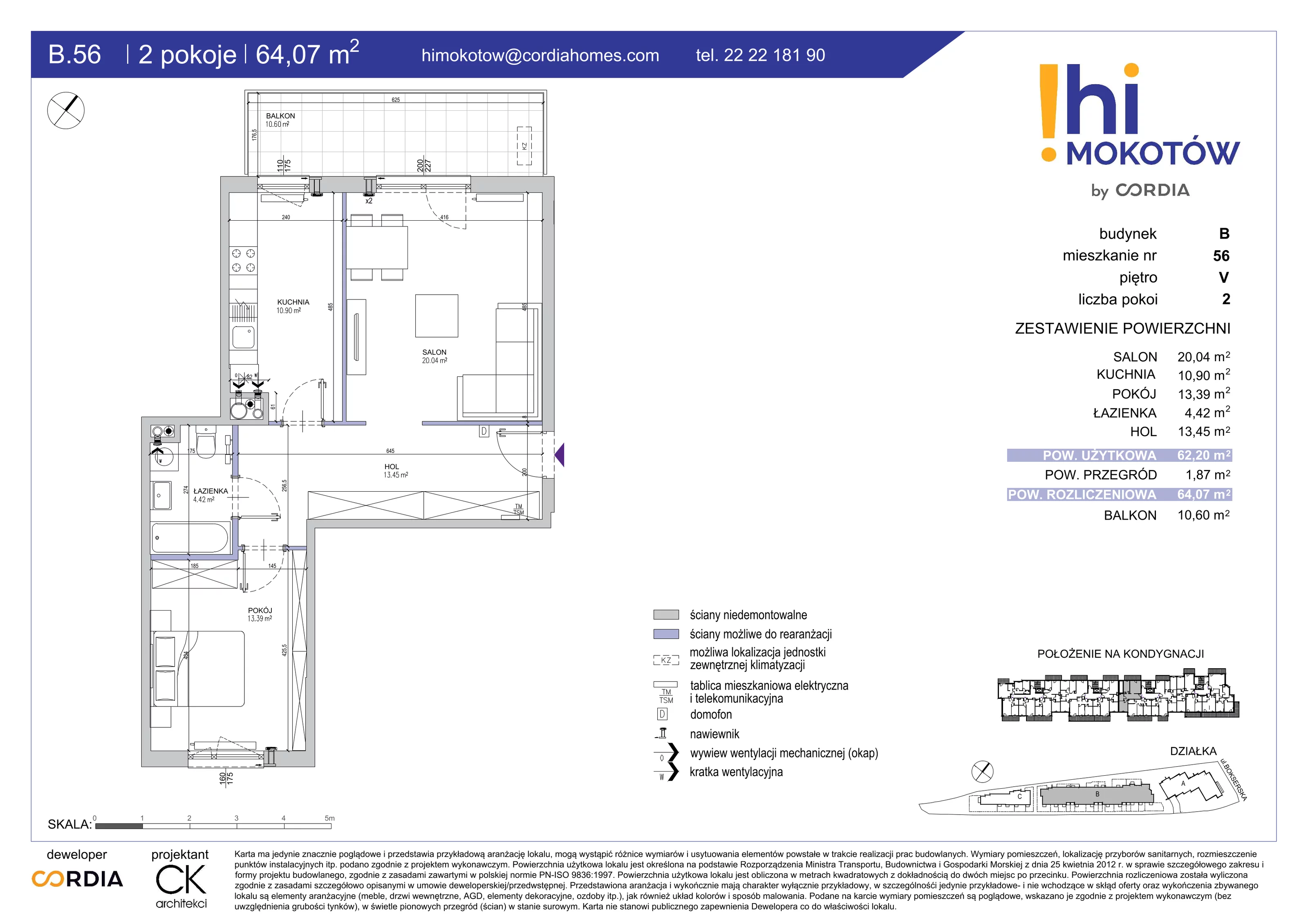 Mieszkanie 64,07 m², piętro 5, oferta nr B.56, Hi Mokotów, Warszawa, Ursynów, Wyczółki, ul. Bokserska 63