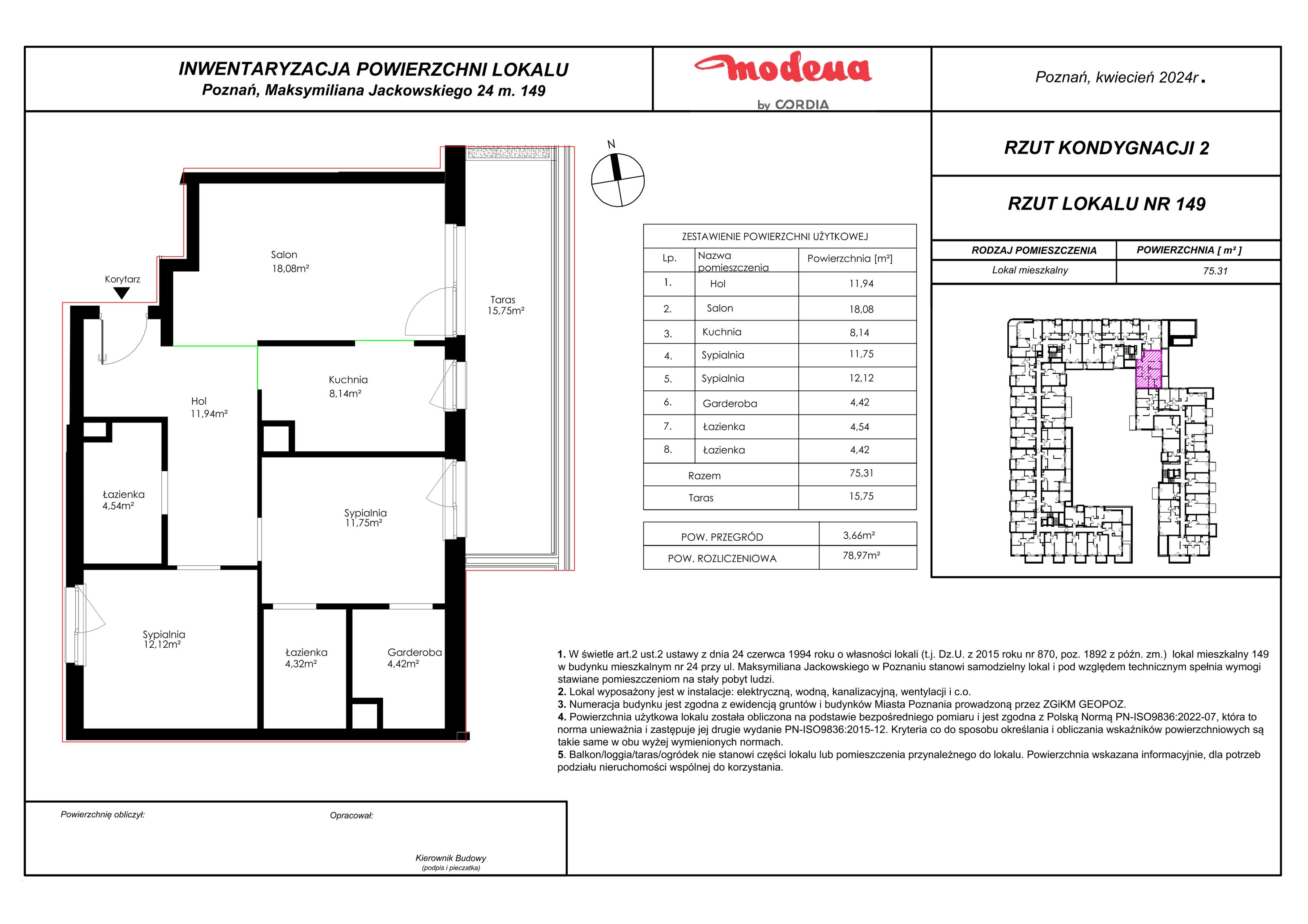 Mieszkanie 78,97 m², piętro 1, oferta nr 149, Modena, Poznań, Jeżyce, Jeżyce, ul. Jackowskiego 24