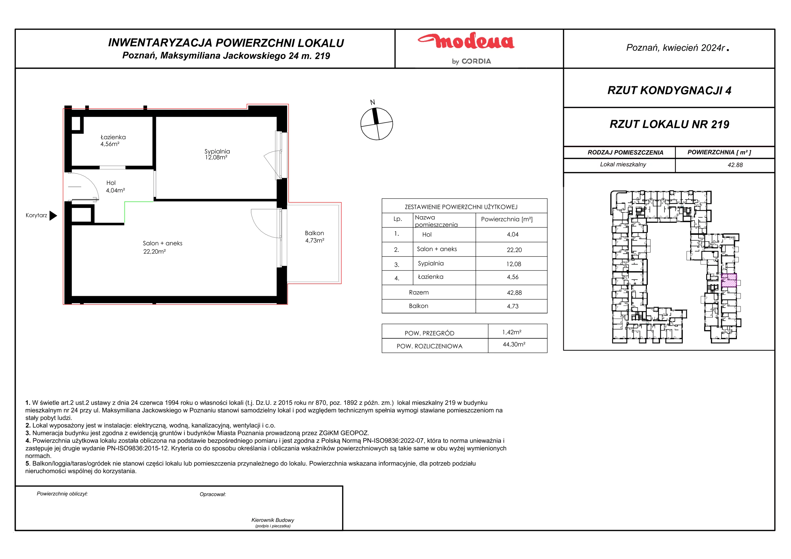 2 pokoje, apartament 44,30 m², piętro 3, oferta nr 219, Modena, Poznań, Jeżyce, Jeżyce, ul. Jackowskiego 24