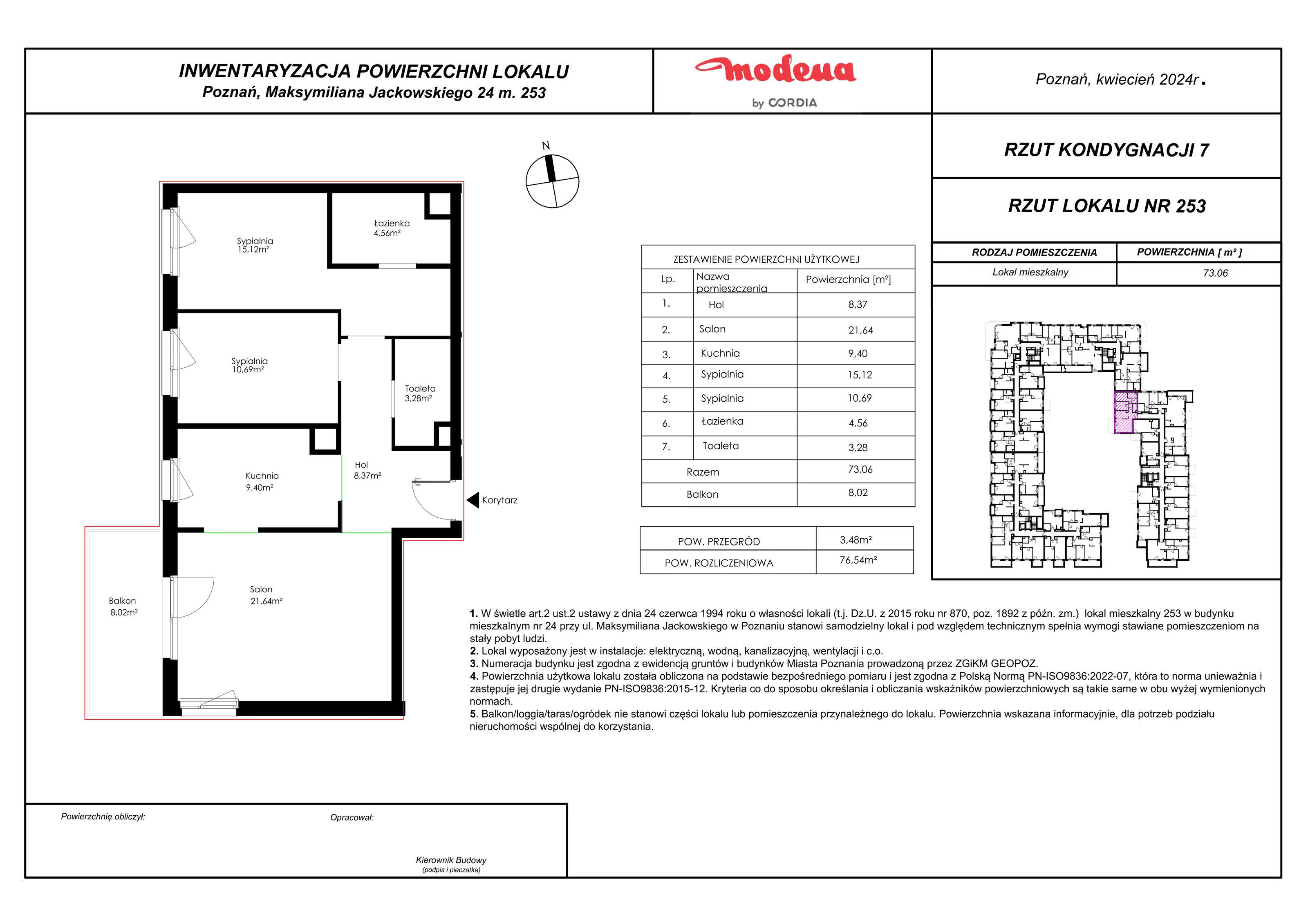 Mieszkanie 76,54 m², piętro 6, oferta nr 253, Modena, Poznań, Jeżyce, Jeżyce, ul. Jackowskiego 24