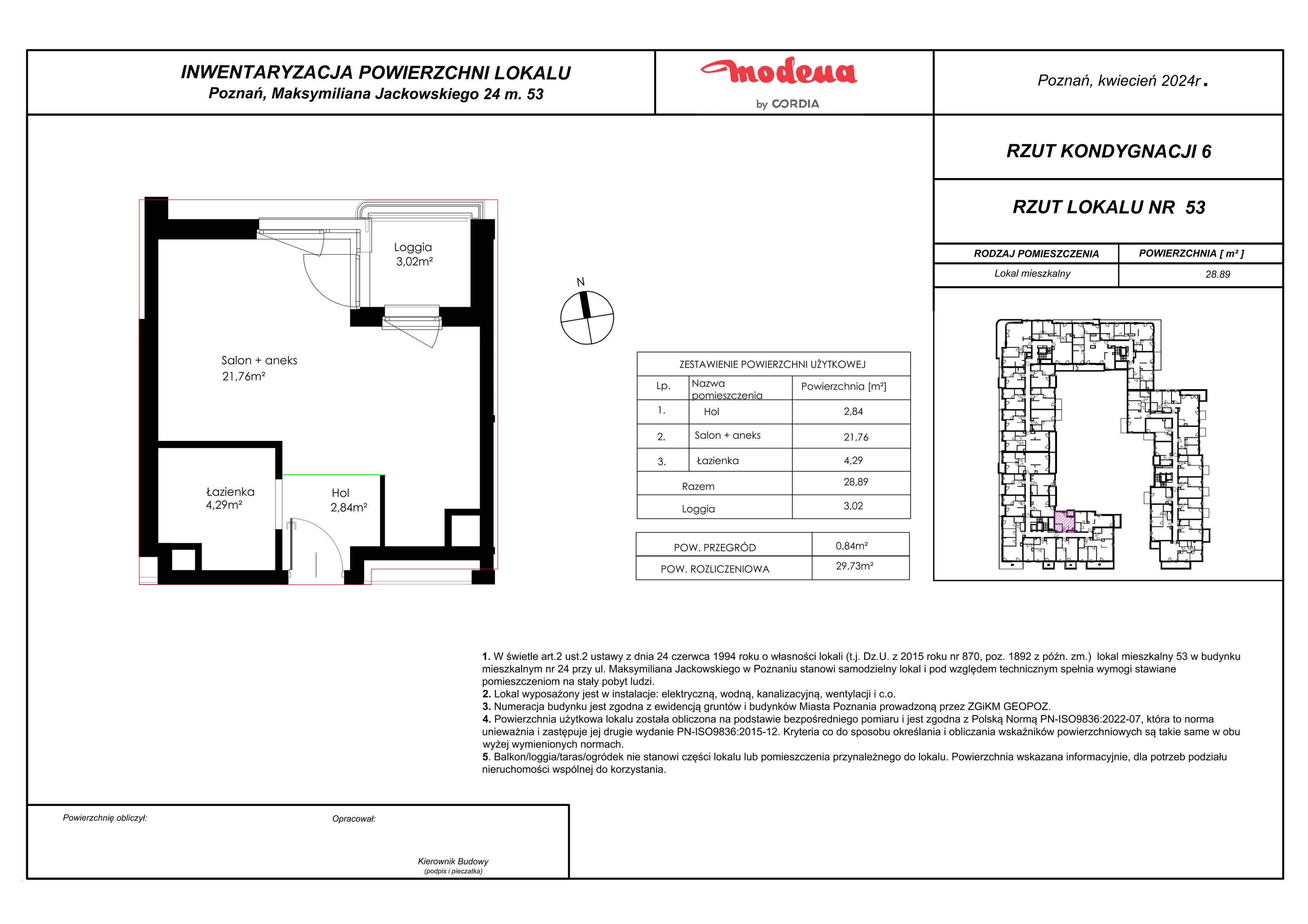 Mieszkanie 29,73 m², piętro 5, oferta nr 53, Modena, Poznań, Jeżyce, Jeżyce, ul. Jackowskiego 24