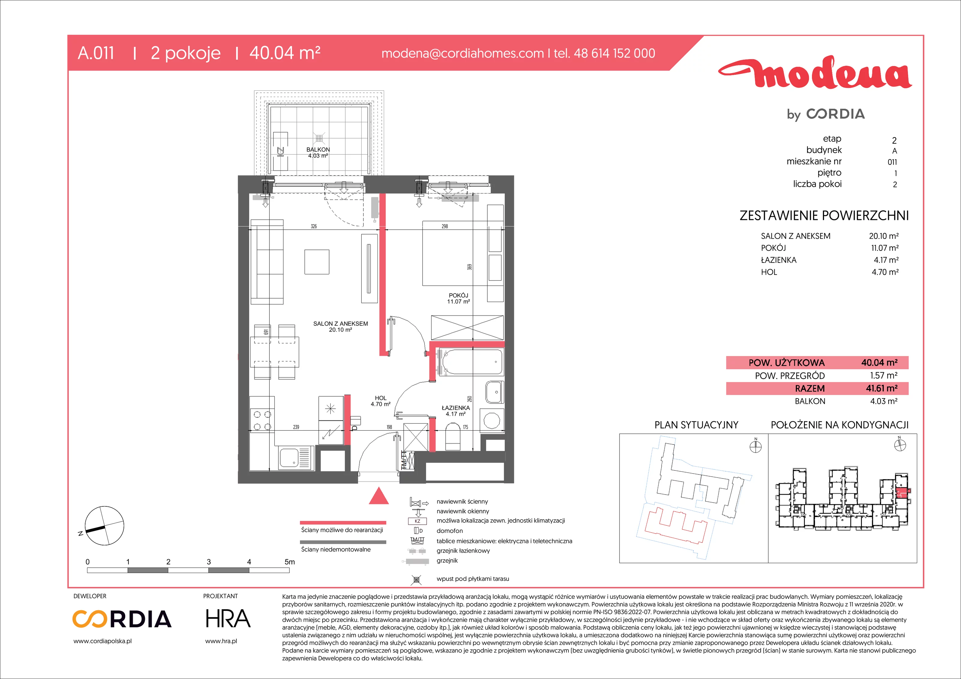 2 pokoje, apartament 40,04 m², piętro 1, oferta nr A.011, Modena II, Poznań, Jeżyce, ul. Jackowskiego/Kraszewskiego