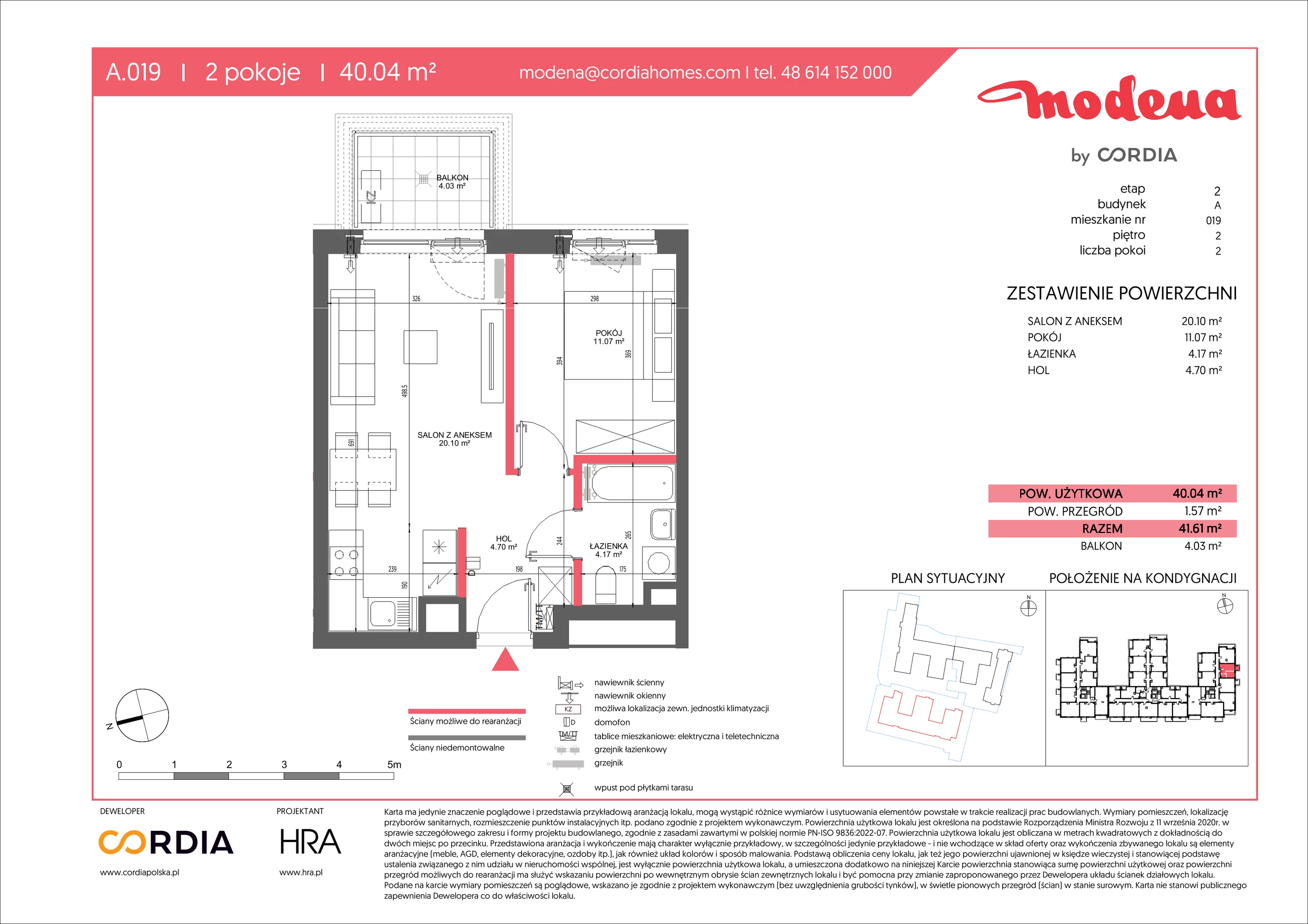 2 pokoje, apartament 40,04 m², piętro 2, oferta nr A.019, Modena II, Poznań, Jeżyce, ul. Jackowskiego/Kraszewskiego