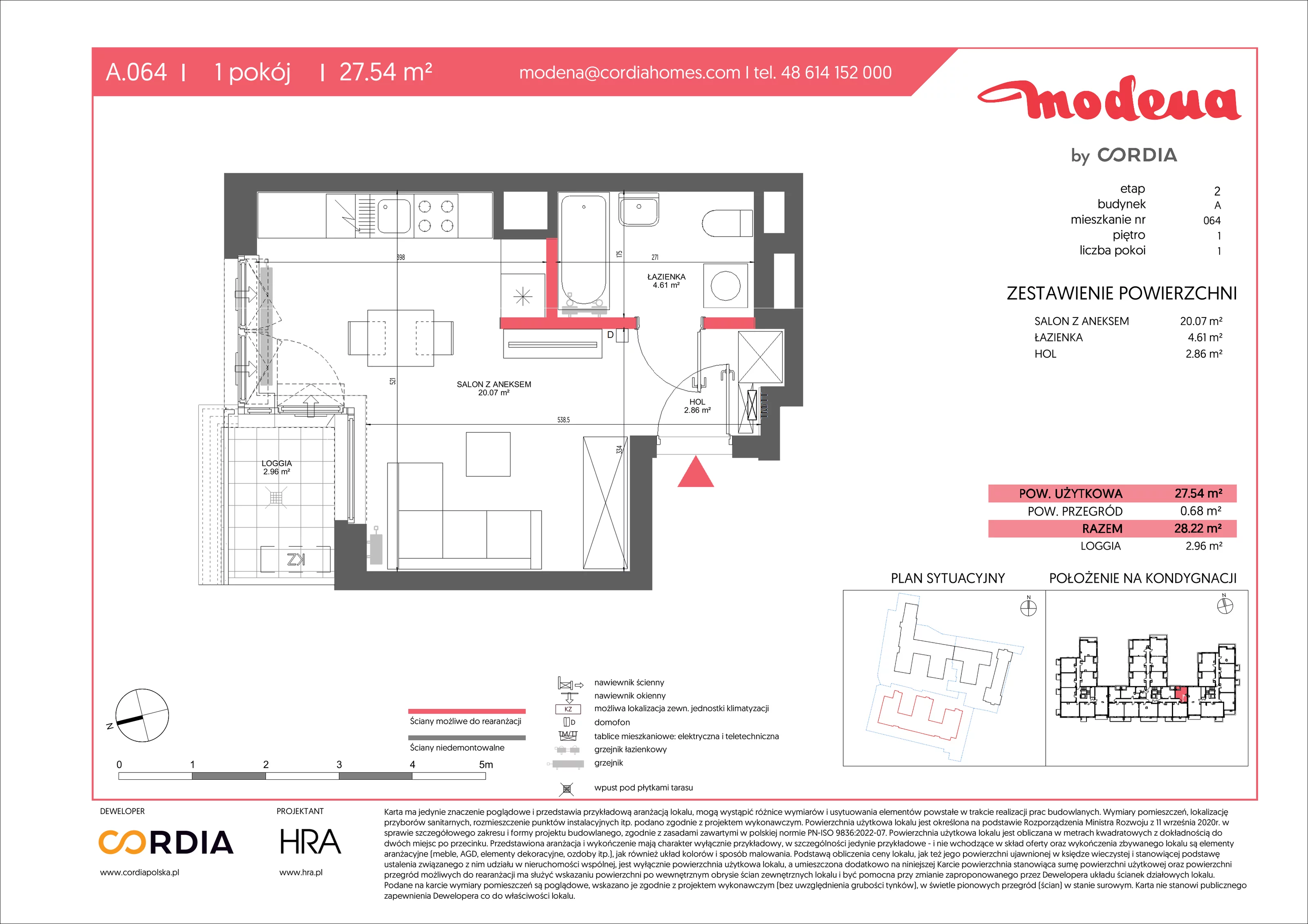 1 pokój, apartament 27,54 m², piętro 1, oferta nr A.064, Modena II, Poznań, Jeżyce, ul. Jackowskiego/Kraszewskiego