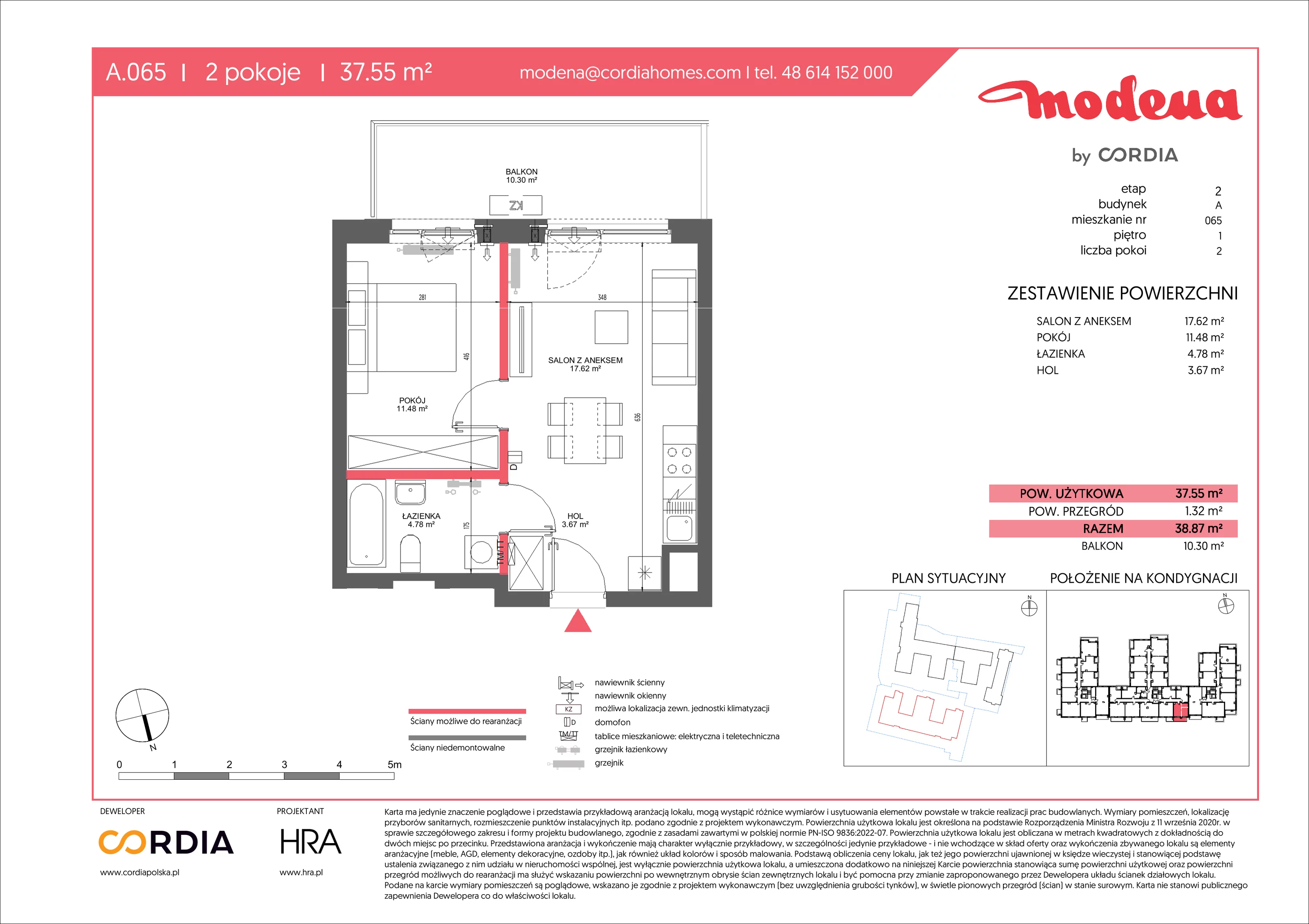 2 pokoje, apartament 37,55 m², piętro 1, oferta nr A.065, Modena II, Poznań, Jeżyce, ul. Jackowskiego/Kraszewskiego