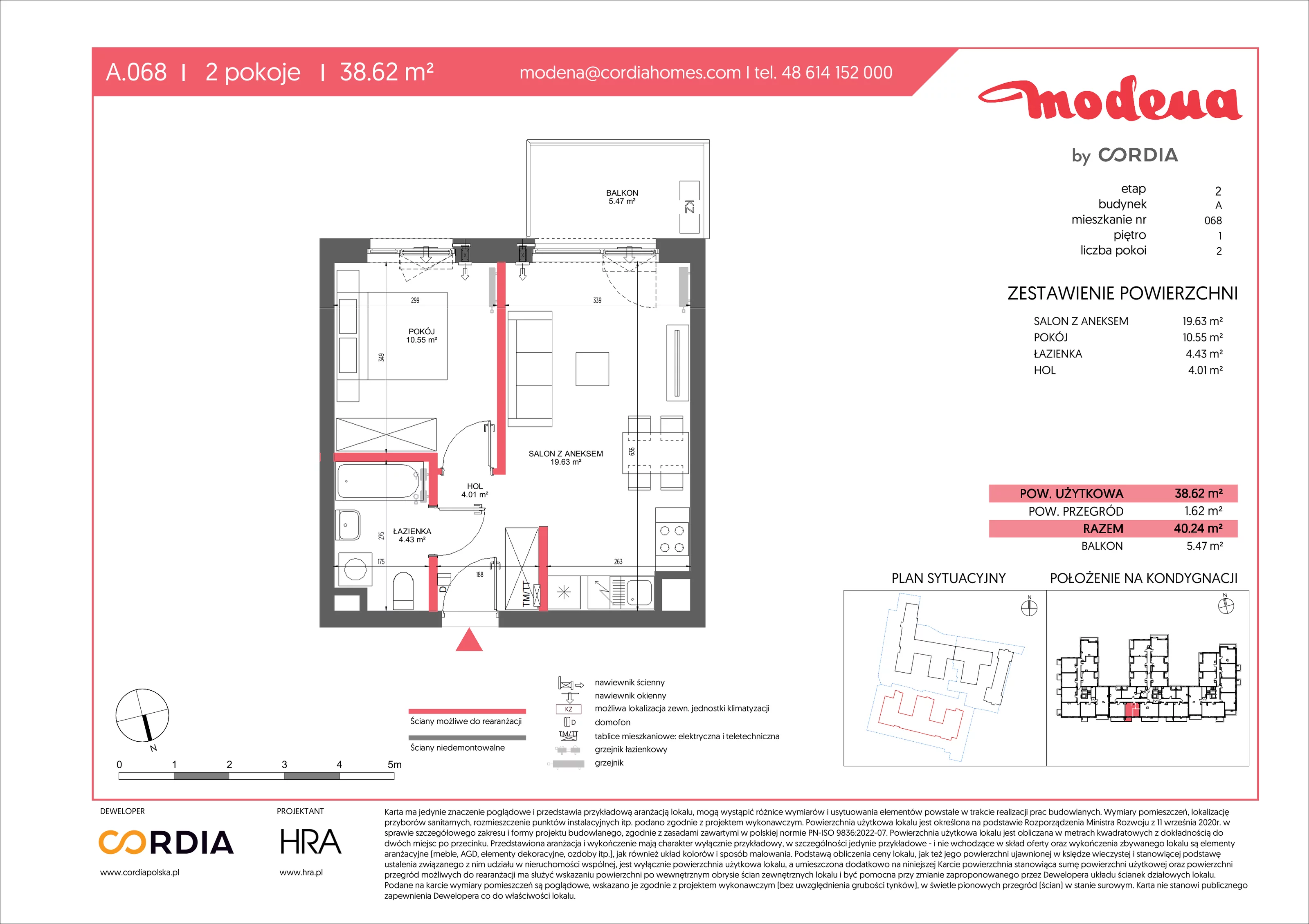 2 pokoje, apartament 38,62 m², piętro 1, oferta nr A.068, Modena II, Poznań, Jeżyce, ul. Jackowskiego/Kraszewskiego