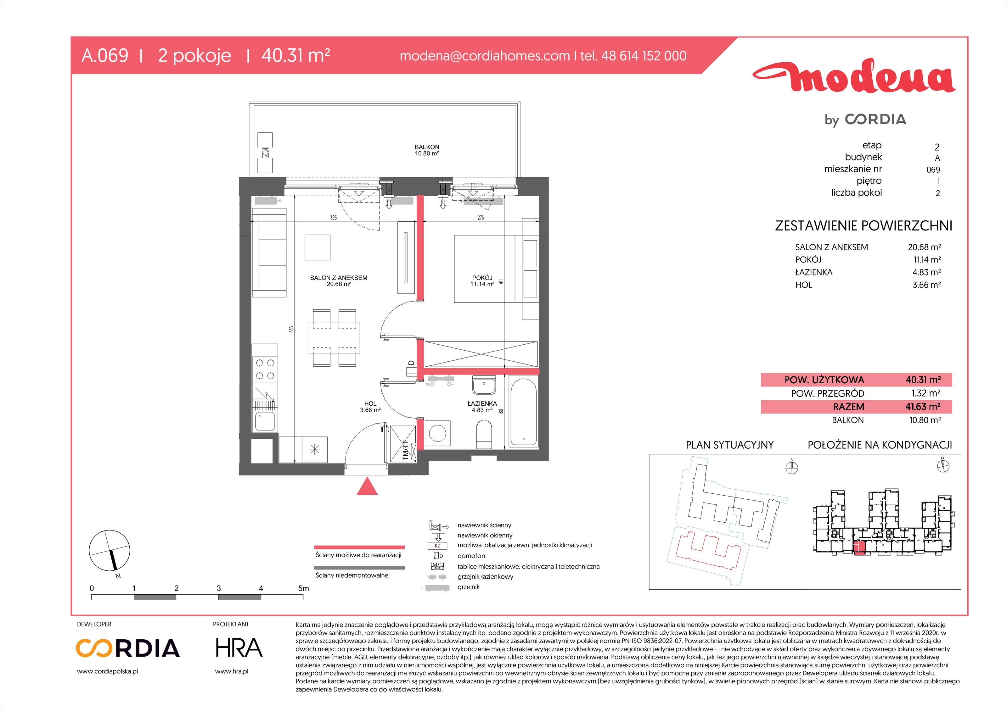 2 pokoje, apartament 40,31 m², piętro 1, oferta nr A.069, Modena II, Poznań, Jeżyce, ul. Jackowskiego/Kraszewskiego