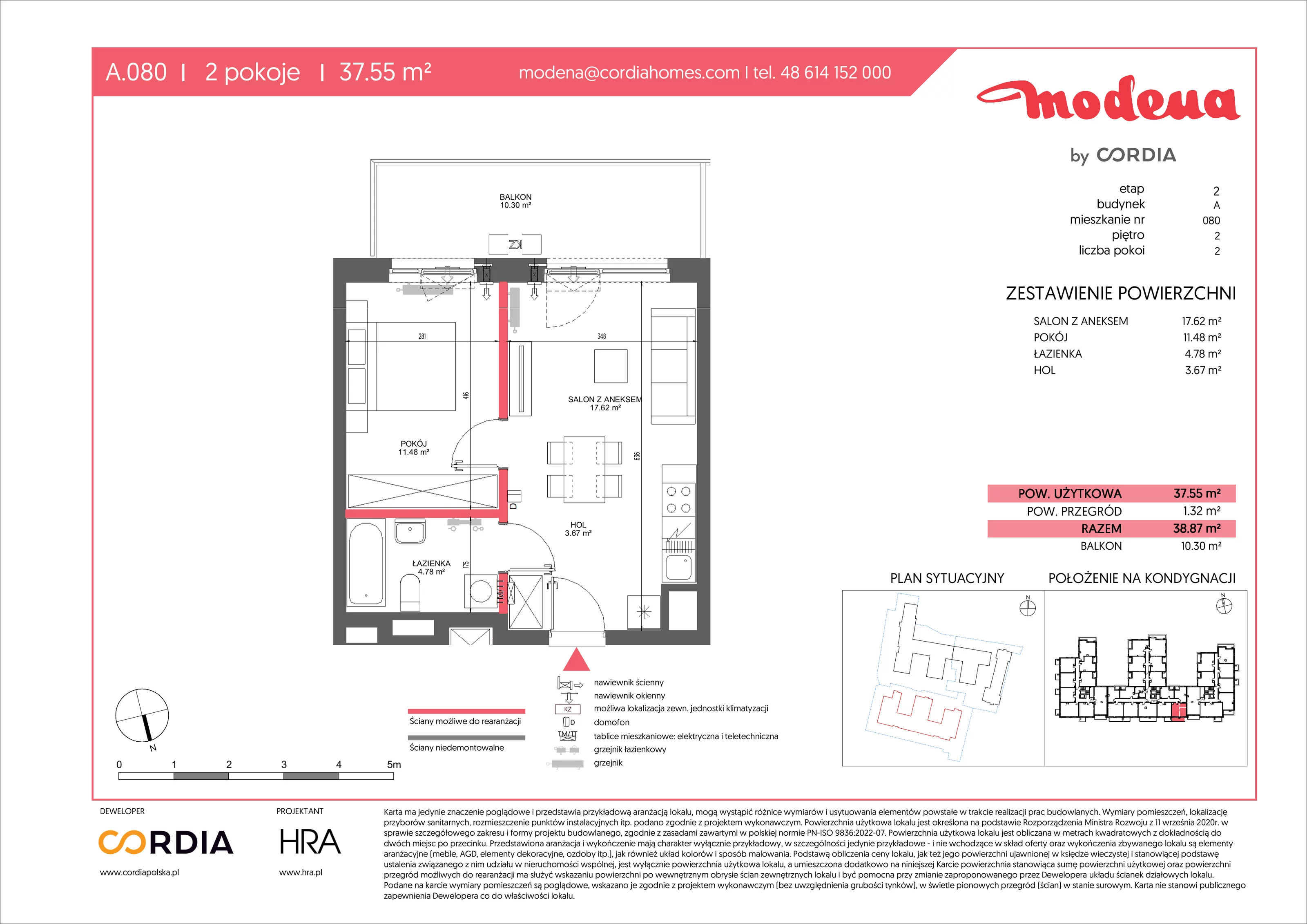 2 pokoje, apartament 37,55 m², piętro 2, oferta nr A.080, Modena II, Poznań, Jeżyce, ul. Jackowskiego/Kraszewskiego