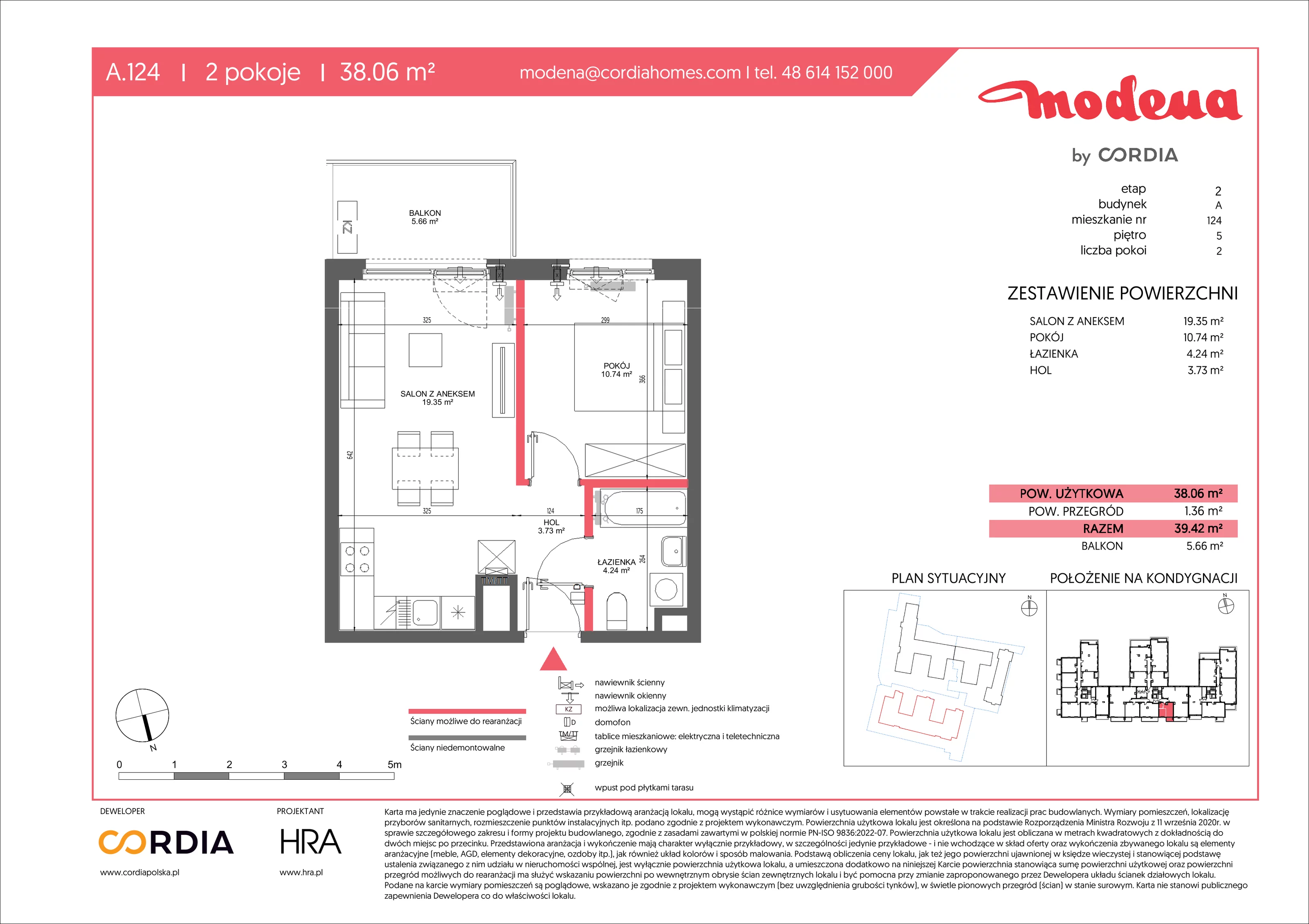 2 pokoje, apartament 38,06 m², piętro 5, oferta nr A.124, Modena II, Poznań, Jeżyce, ul. Jackowskiego/Kraszewskiego