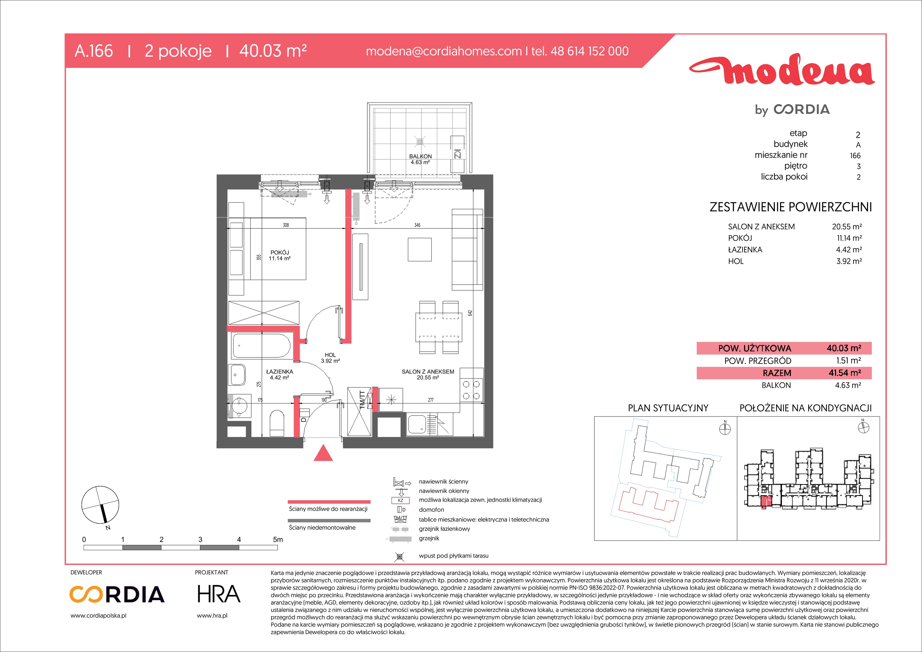 2 pokoje, apartament 40,03 m², piętro 3, oferta nr A.166, Modena II, Poznań, Jeżyce, ul. Jackowskiego/Kraszewskiego