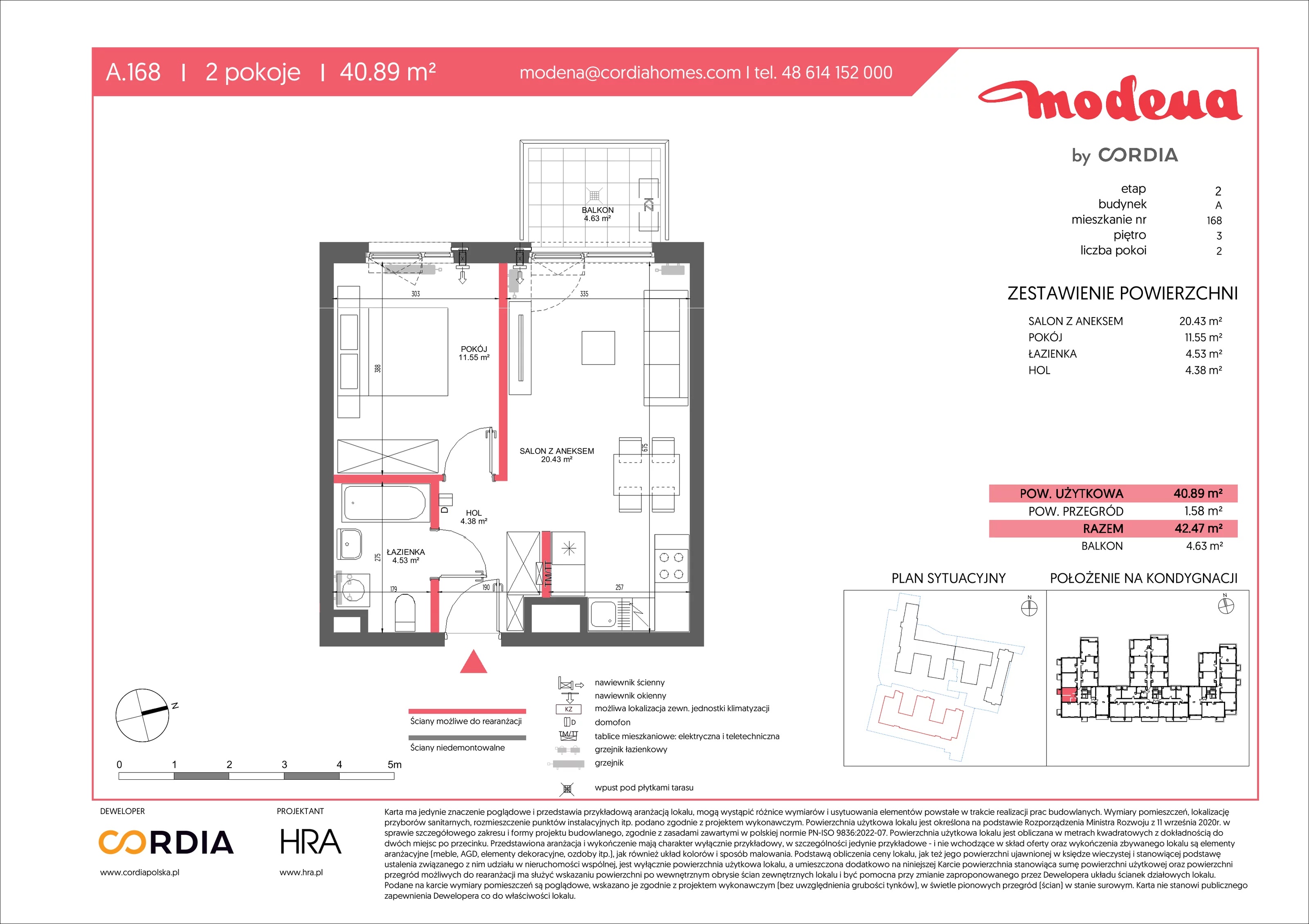 2 pokoje, apartament 40,89 m², piętro 3, oferta nr A.168, Modena II, Poznań, Jeżyce, ul. Jackowskiego/Kraszewskiego