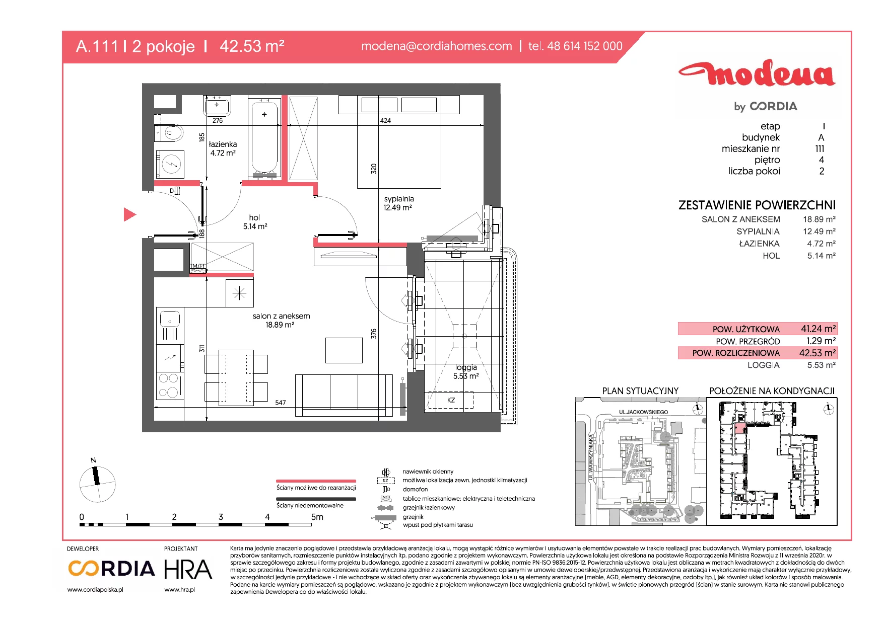 Mieszkanie 42,53 m², piętro 4, oferta nr A.111, Modena, Poznań, Jeżyce, Jeżyce, ul. Jackowskiego 24